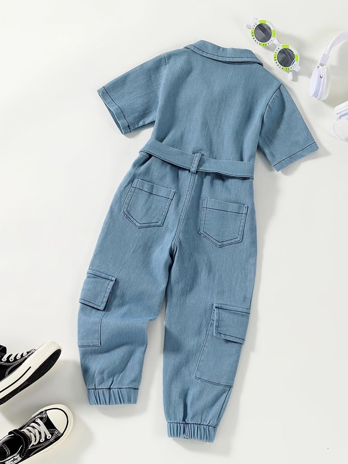 Girls Casual Short Sleeve Denim Jumpsuit Romper With Belt