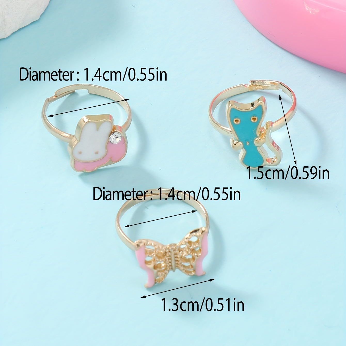 3pcs Girls Alloy Cartoon Rabbit Butterfly Cat Rings for Kids Accessories