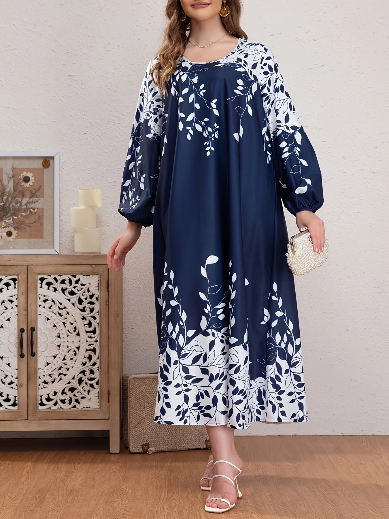 Boho Abaya Dress Women's Plus Leaf Print Lantern Sleeve Round Neck