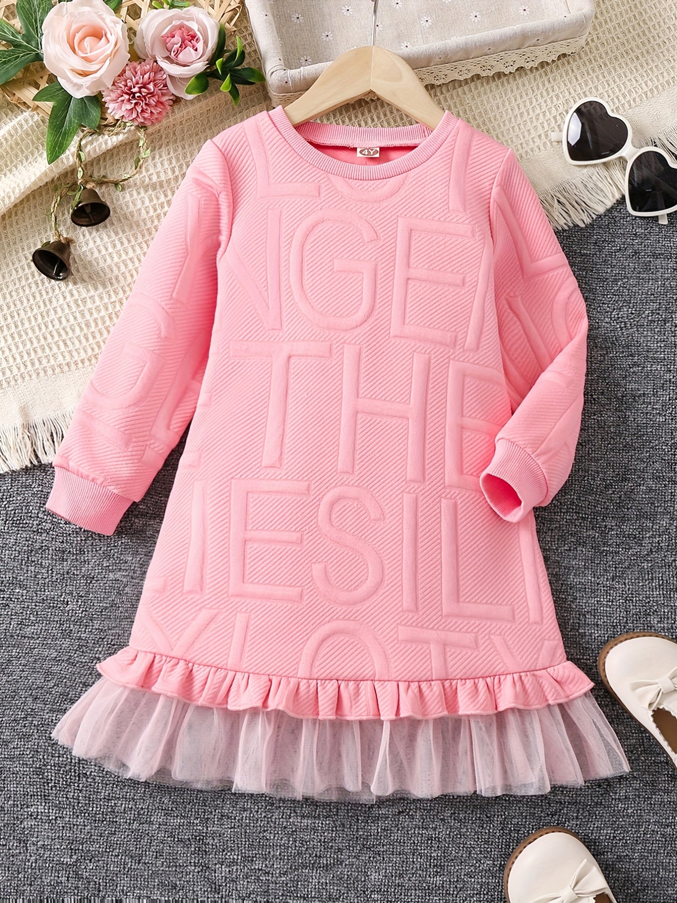 Girl's Textured Letter Casual Dress with Ruffle Trim