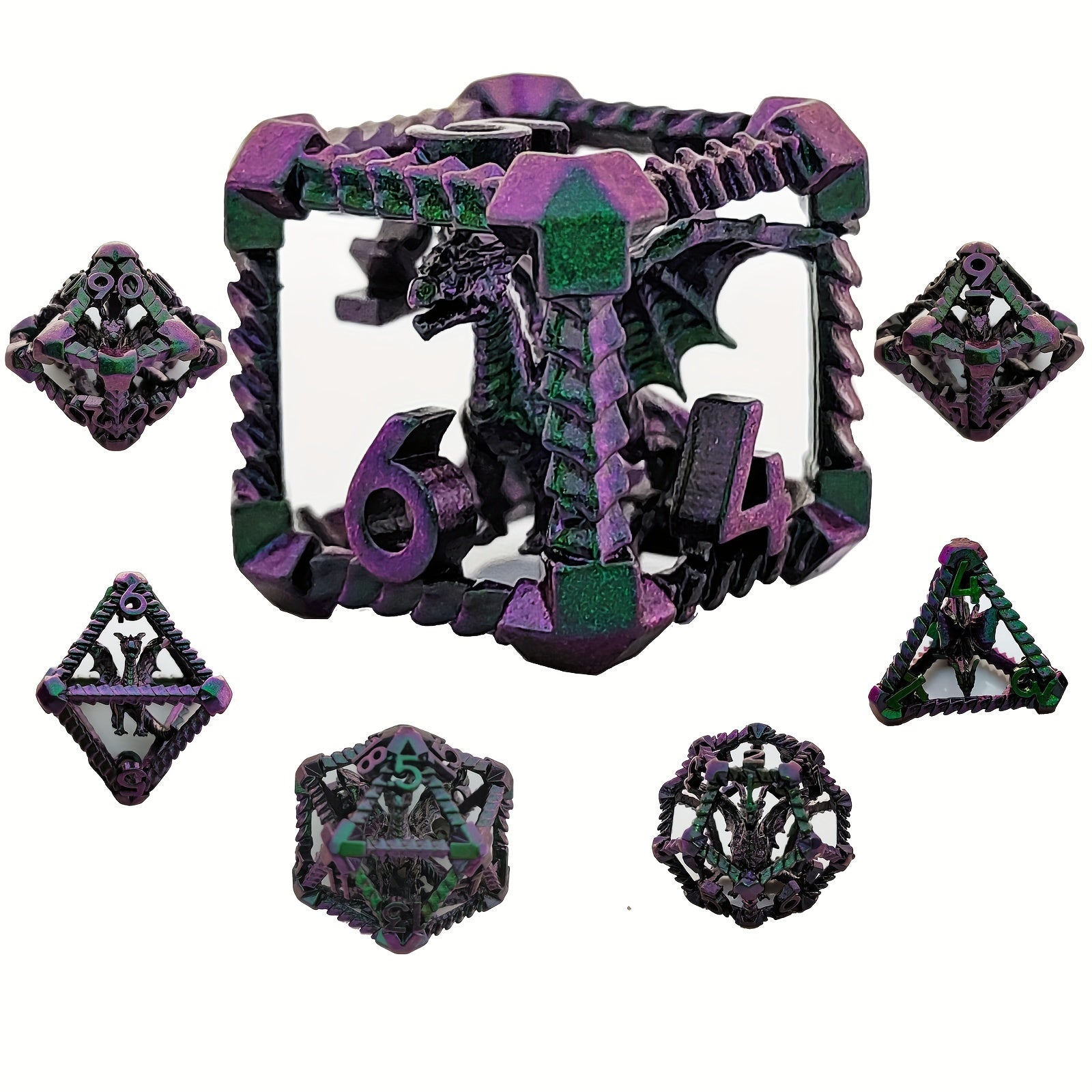 Metal Hollow Dragon Dice Set 7pcs Large Polyhedral Dice