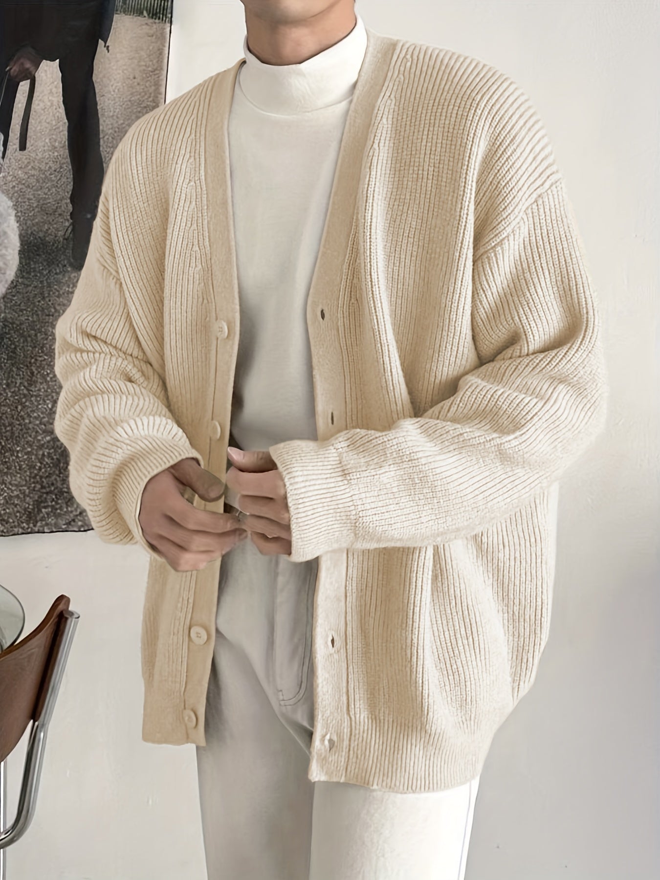 Solid V Neck Cardigan Men's Casual Button Up Coat Fall Winter