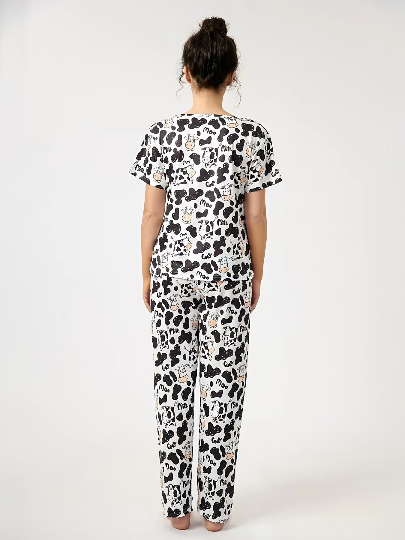 Women's Cow Print Pajamas Set Top & Pants Short Sleeve Loose Long