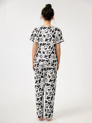 Women's Cow Print Pajamas Set Top & Pants Short Sleeve Loose Long