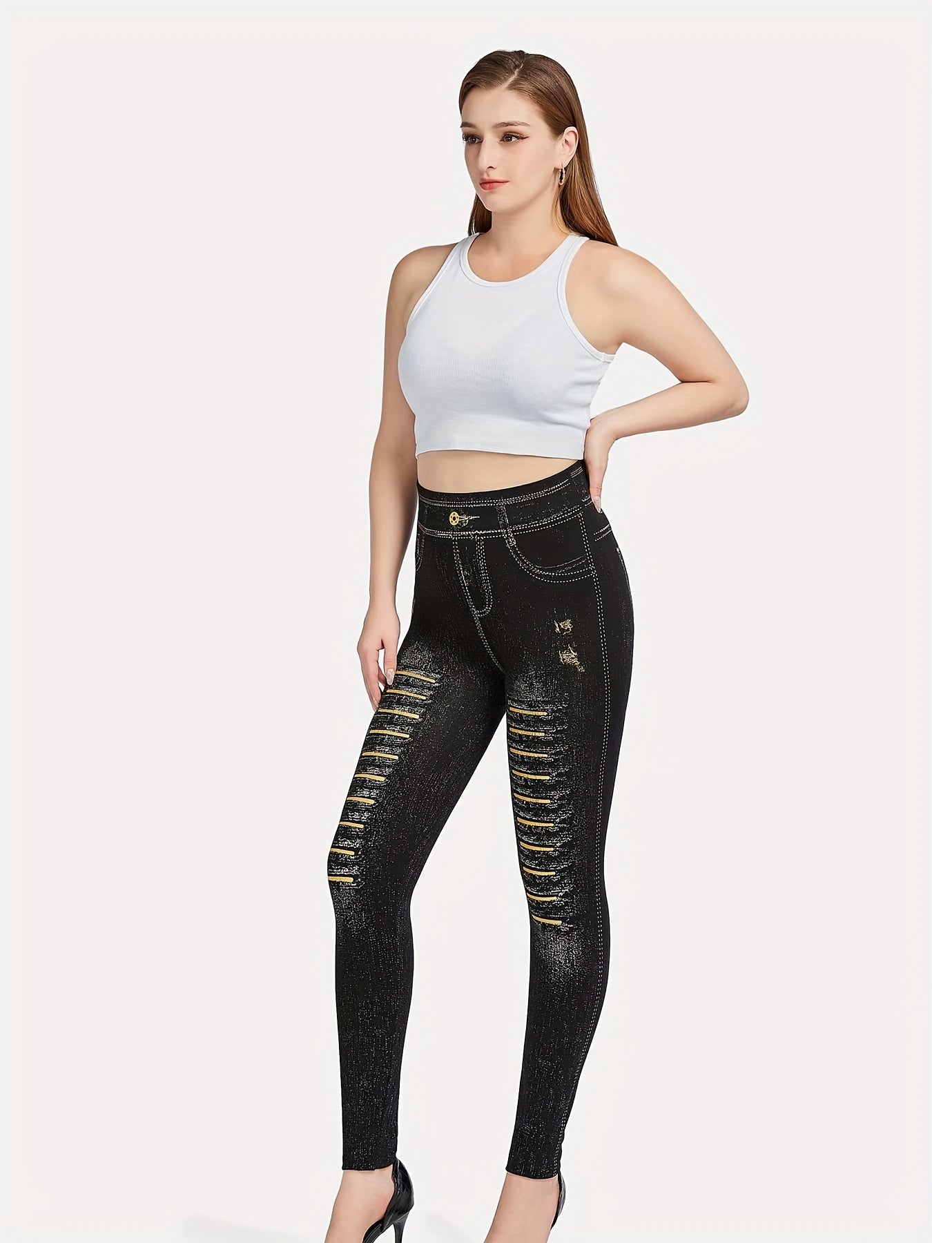 Denim Print Skinny Leggings Stretchy Casual Leggings