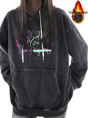 Y2K Denim Hoodie with Graffiti Print and Fleece Liner