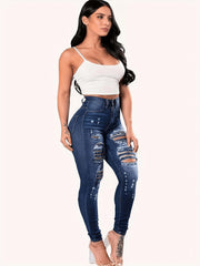 High Waist Ripped Holes Skinny Jeans Distressed Slim Fit Denim Pants