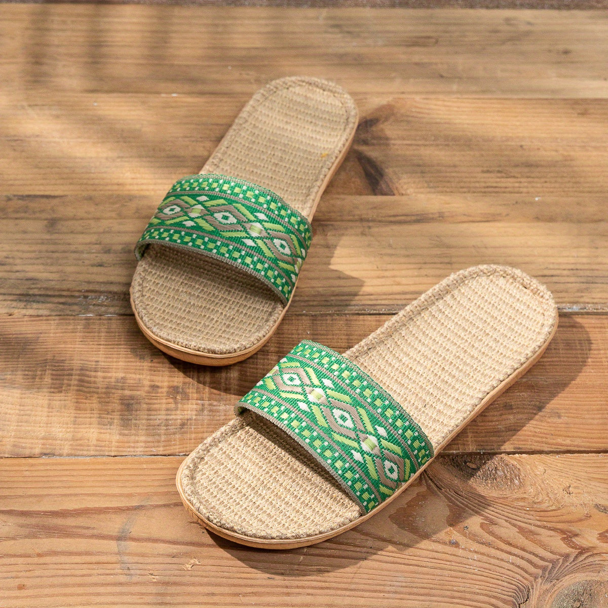 Women's Geometric Pattern Linen Slides Open Toe Flat Shoes