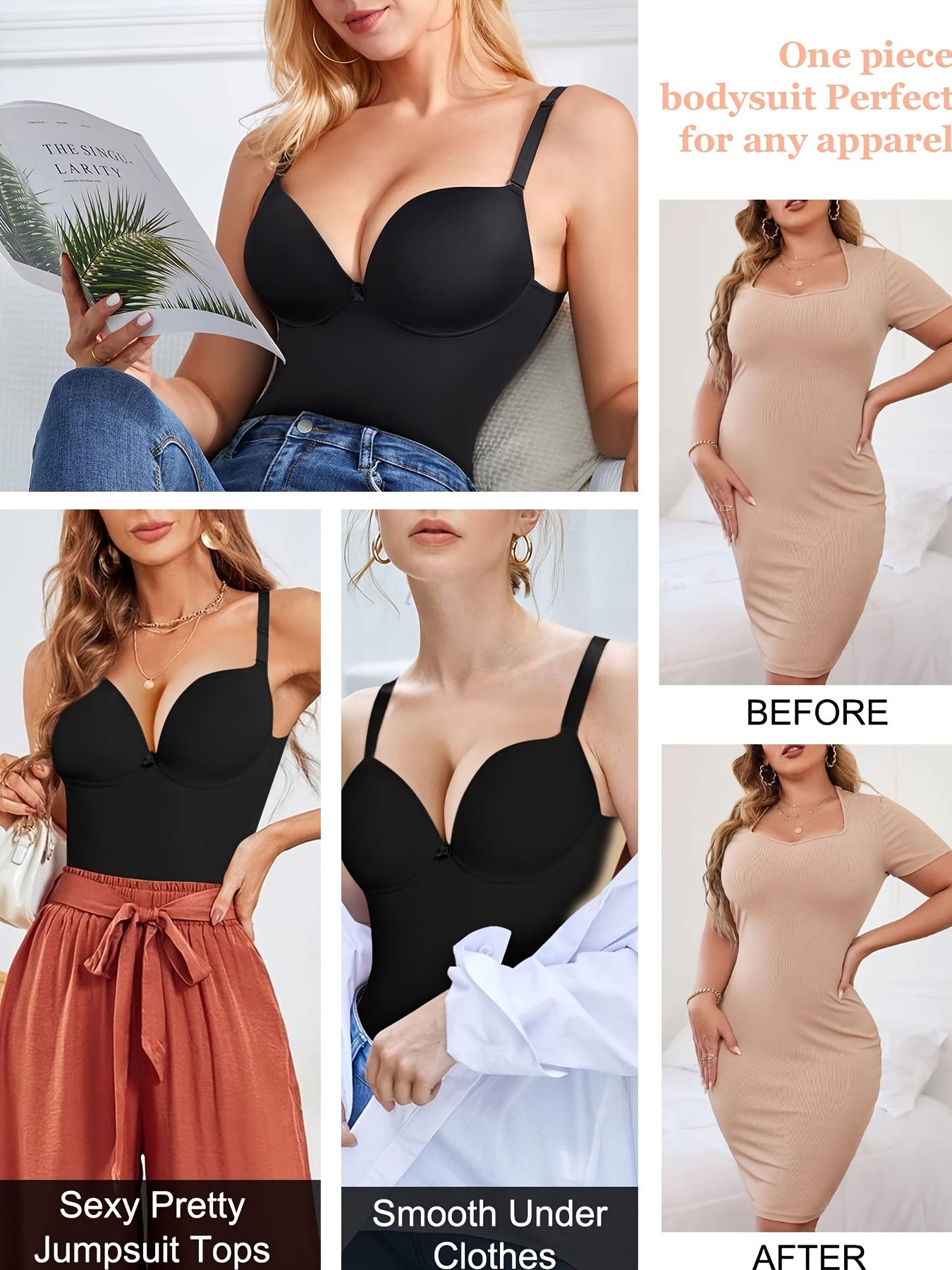 Tummy Control Bodysuit Shapewear V Neck Jumpsuits with Built in Bra