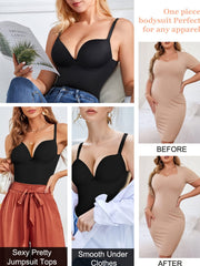 Tummy Control Bodysuit Shapewear V Neck Jumpsuits with Built in Bra