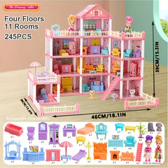 DIY Pink Doll House Playset with Doll Figures and Furniture