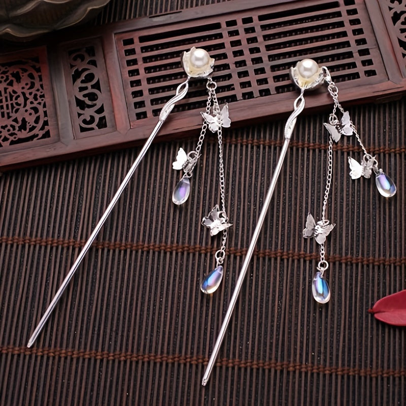 Vintage Faux Pearl Hairpin with Opal Pendant Hair Stick Ponytail Holder