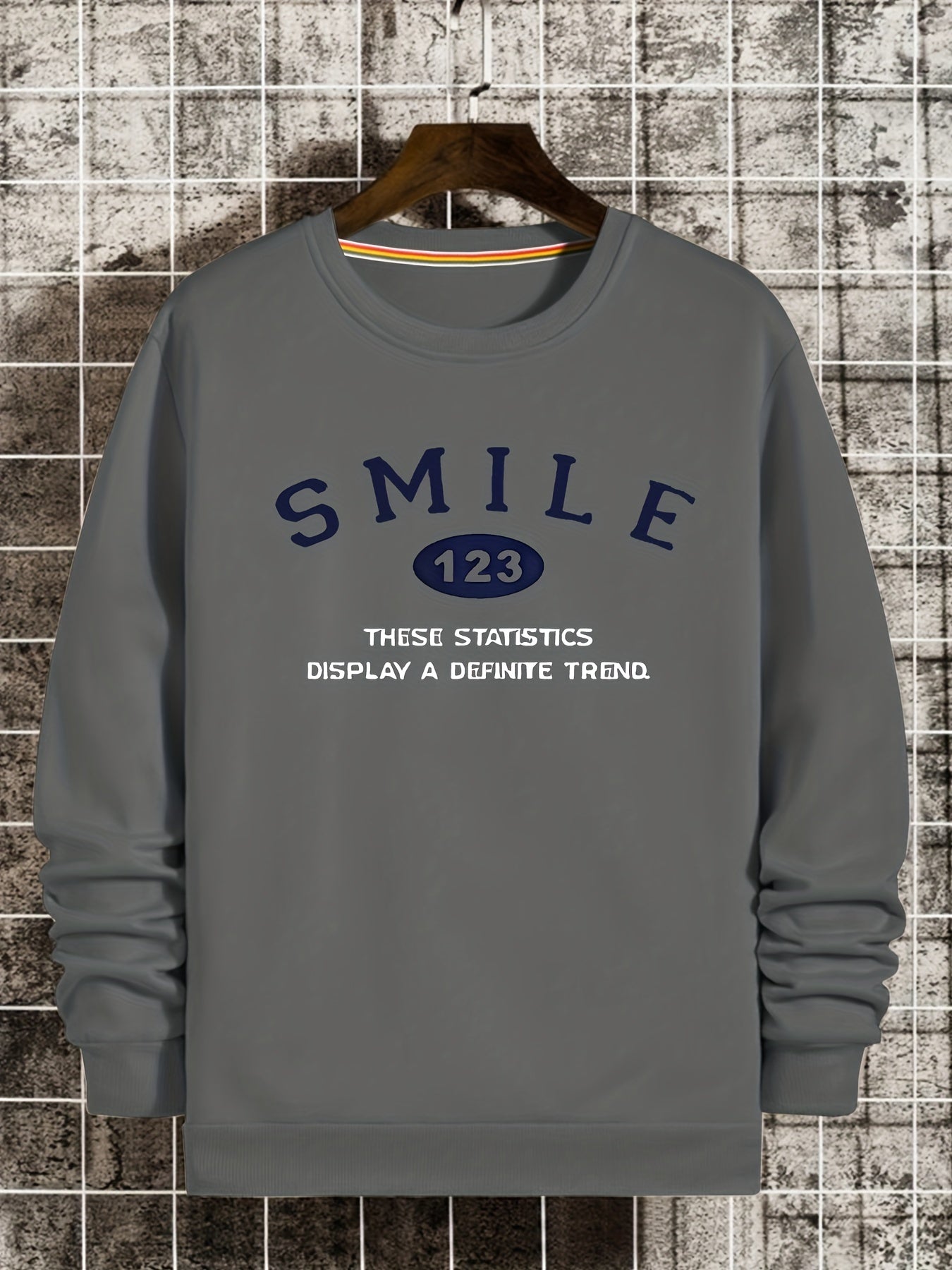 SMILE Print Sweatshirt Men's Casual Graphic Crew Neck Pullover Sweatshirt