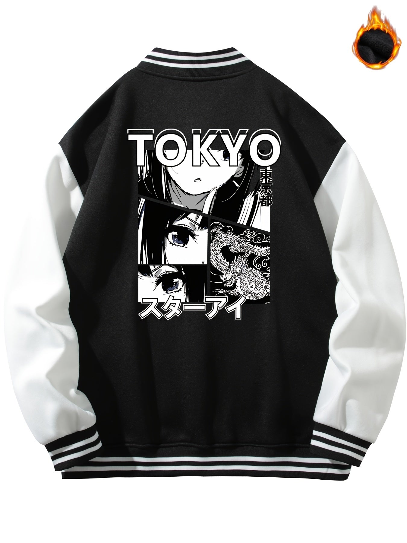 Anime Portrait Embroidery Varsity Jacket Men's Casual Block Button Up