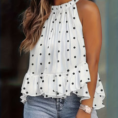 Dot Print Halter Neck Tie Back Ruffle Trim Cami Top