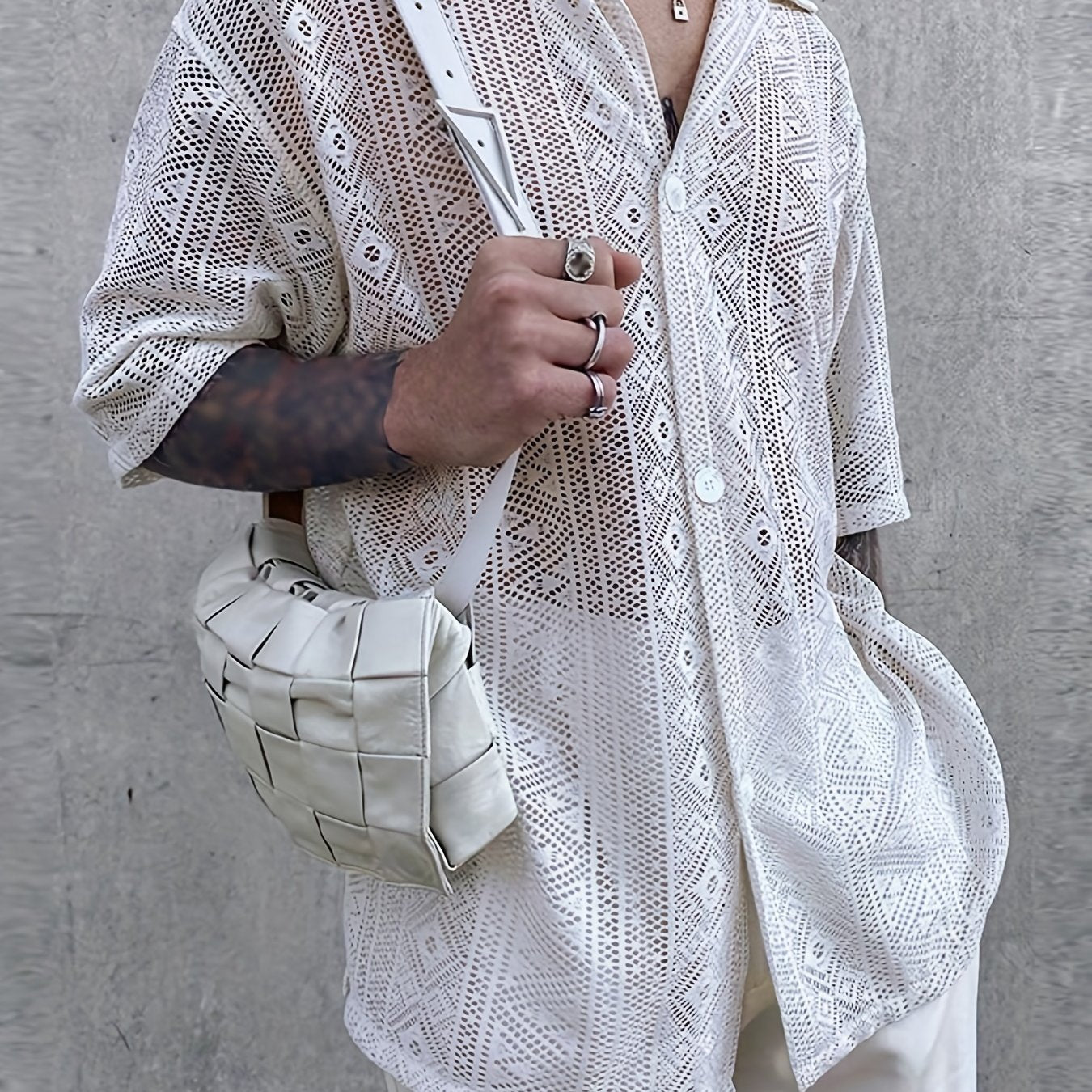 INCERUN Floral Lace Short Sleeve Shirts Casual Mesh Sheer Party Vacation Tee