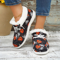 Women's Halloween Pumpkin & Skull Printed Plush Sneakers