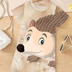 Cute Hedgehog Graphic Dress for Girls - Summer Short Sleeve