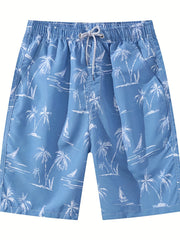 Coconut Palm Pattern Beach Shorts Men's Quick Dry Waist Drawstring Shorts