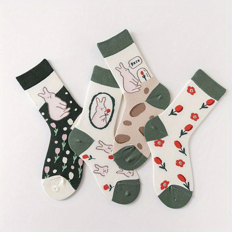4 Pairs Bunny & Floral Print Socks Women's Stockings