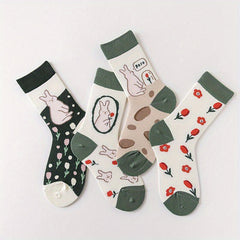 4 Pairs Bunny & Floral Print Socks Women's Stockings