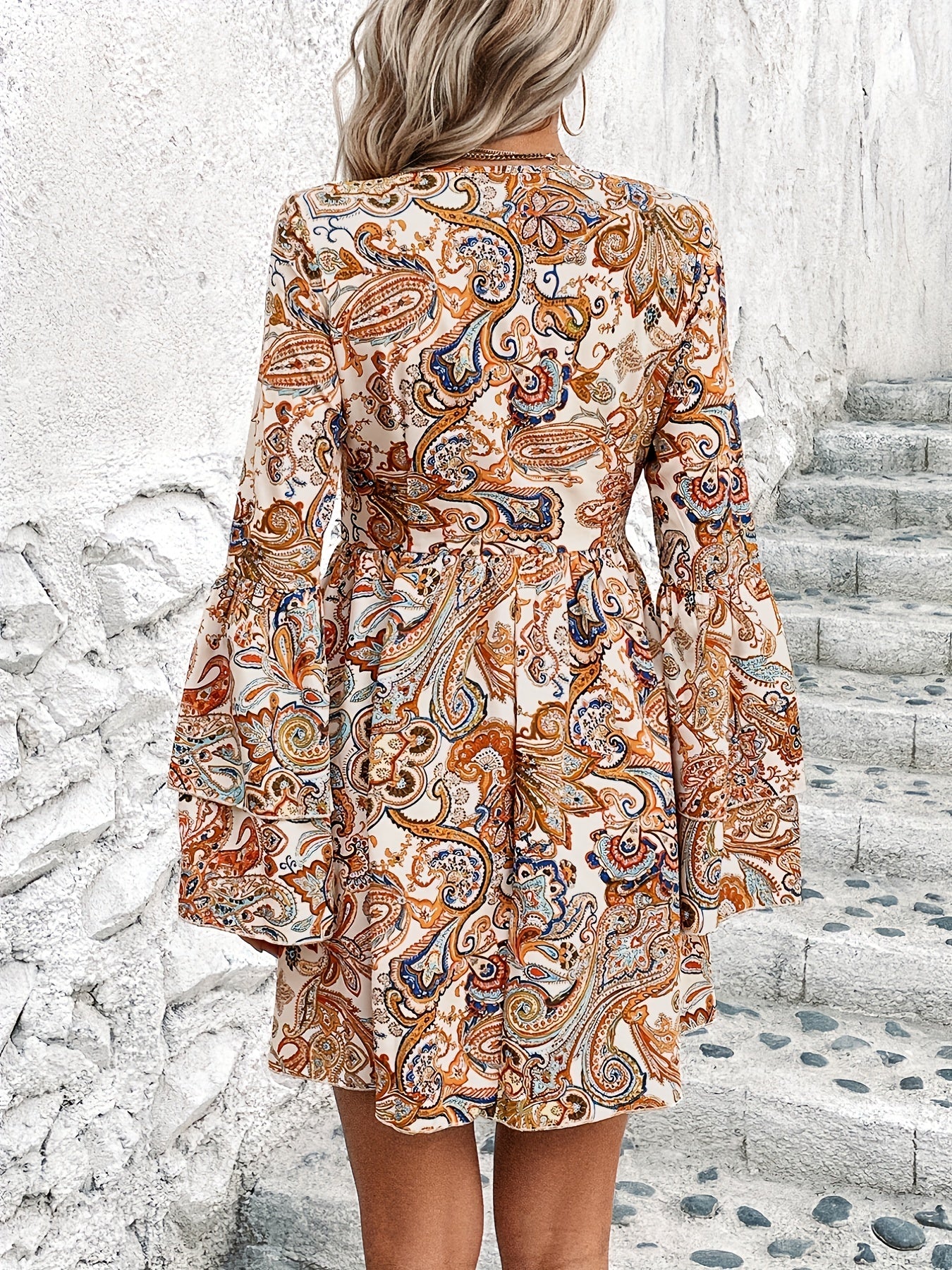 Women's Bohemian Summer Dress Paisley Print Double Flare Sleeve