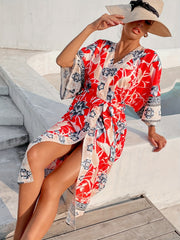 Floral Print Surplice V Neck Cover Up Kaftan Red Kimono Sleeve Coverup Dress