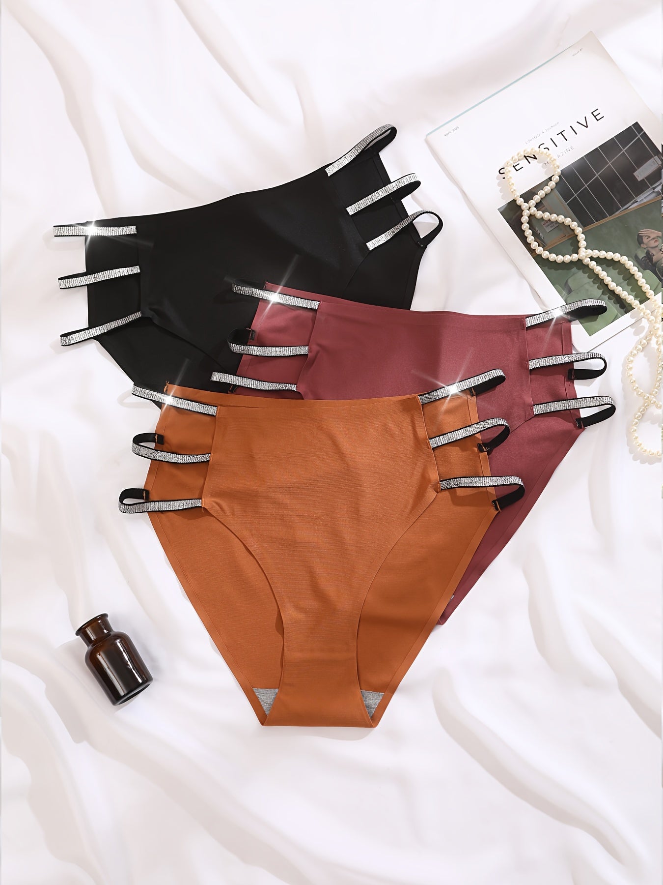 3 Pack Plus Size Naughty Panties Set Women's Plus Glitter Tape Cut Out Side