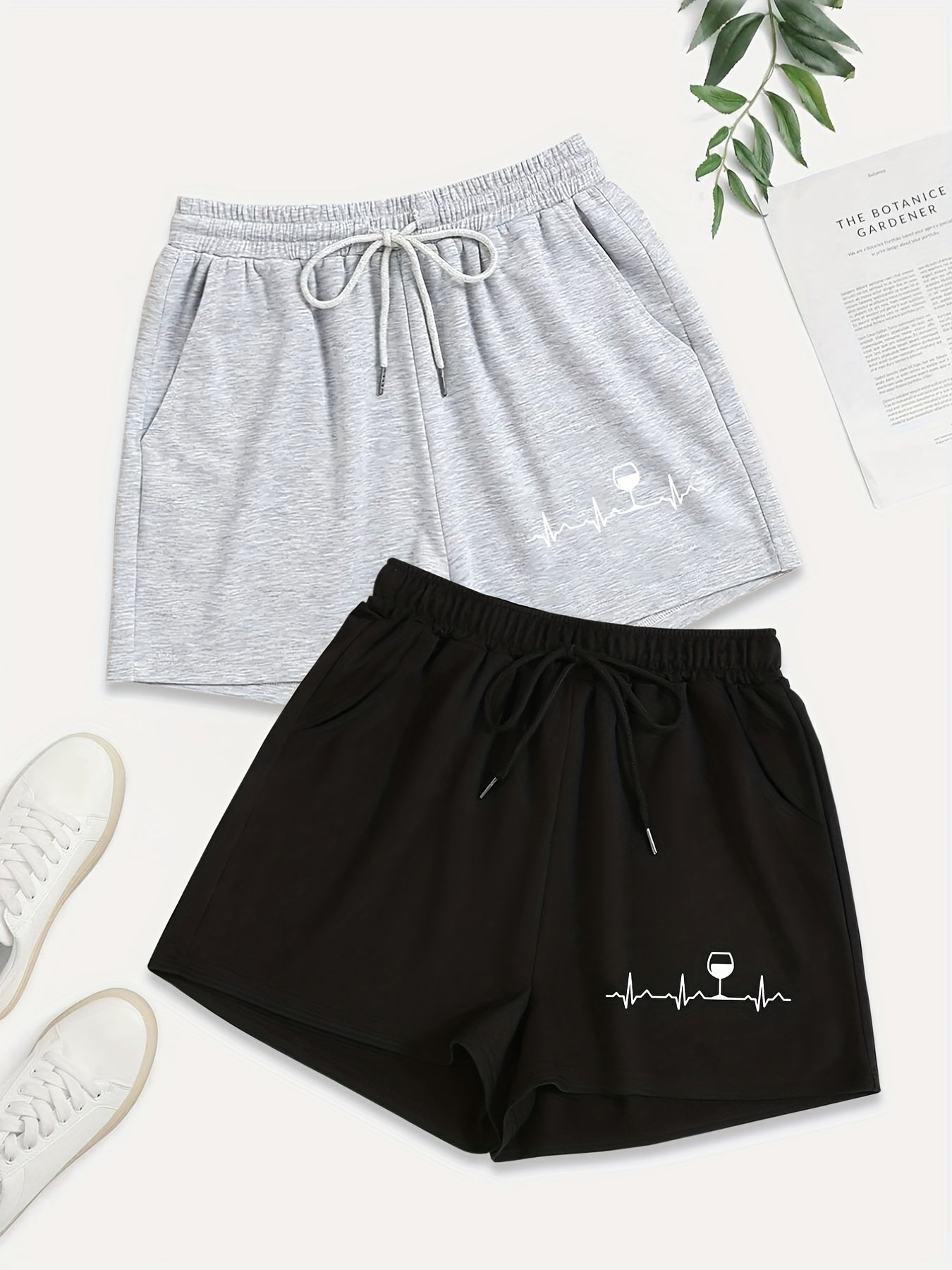 2 Pack Plus Size Casual Shorts Women's Plus Letter & Wine Glasses Print