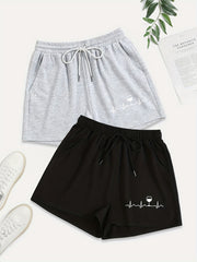 2 Pack Plus Size Casual Shorts Women's Plus Letter & Wine Glasses Print