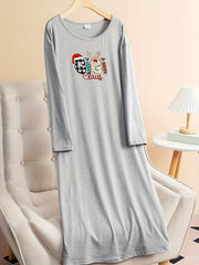 Christmas Lounge Dress Women's Long Sleeve Stretch Tee Dress