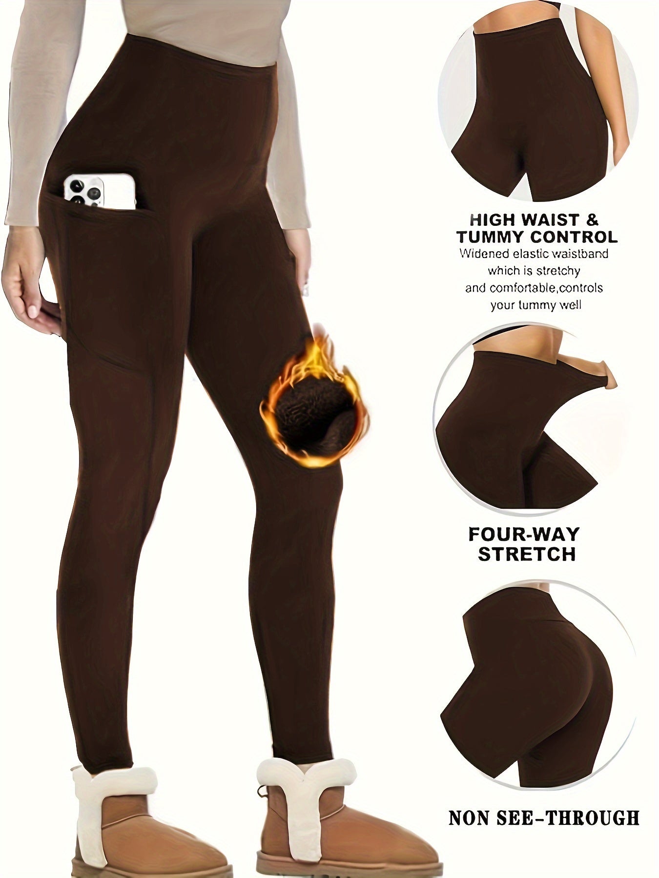 Solid Fleece Yoga Pants With Pocket High Stretch Leggings Women's Activewear
