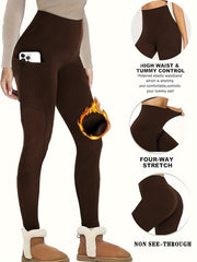 Solid Fleece Yoga Pants With Pocket High Stretch Leggings Women's Activewear