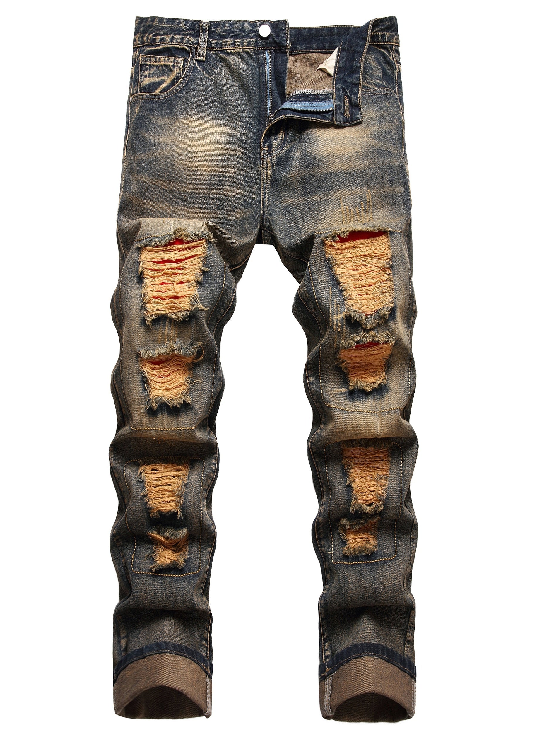 Men's Distressed Slim Fit Ripped Jeans Straight Leg Denim Pants