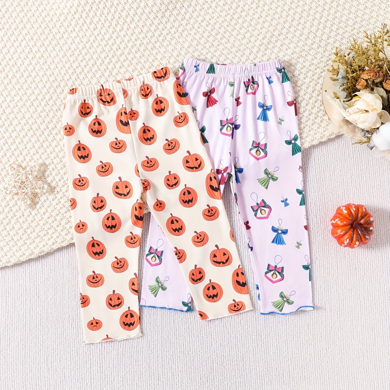2pcs Pumpkin & Bell Print Cropped Leggings For Toddler Girls