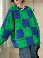 Y2K Checker Pattern Sweater Long Sleeve Round Neck Pullover Jumper