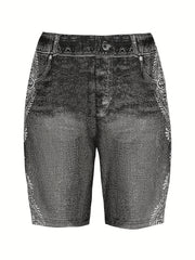 Denim & Lace Print High Rise Skinny Shorts