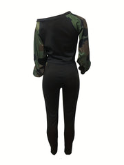 Patchwork Casual 2pc Set Long Sleeve Top & Long Pants