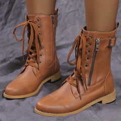 Women's Lace Up Combat Boots Chunky Heel Side Zipper