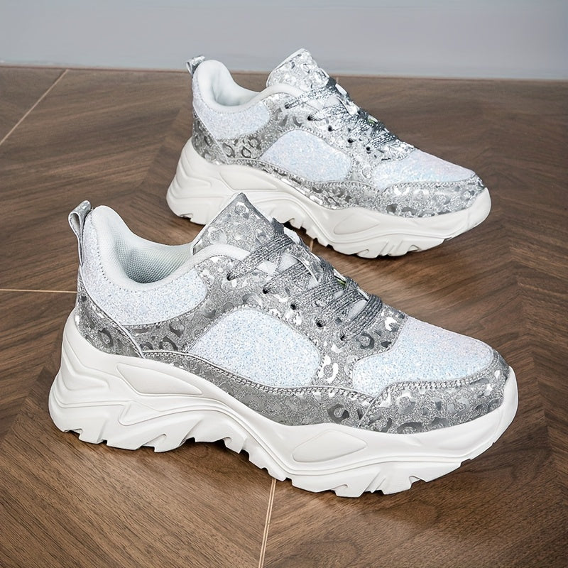Leopard Print Patchwork Dad Shoes Lace-Up Chunky Sneakers