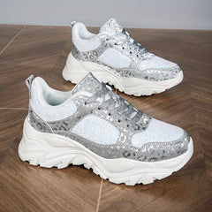 Leopard Print Patchwork Dad Shoes Lace-Up Chunky Sneakers