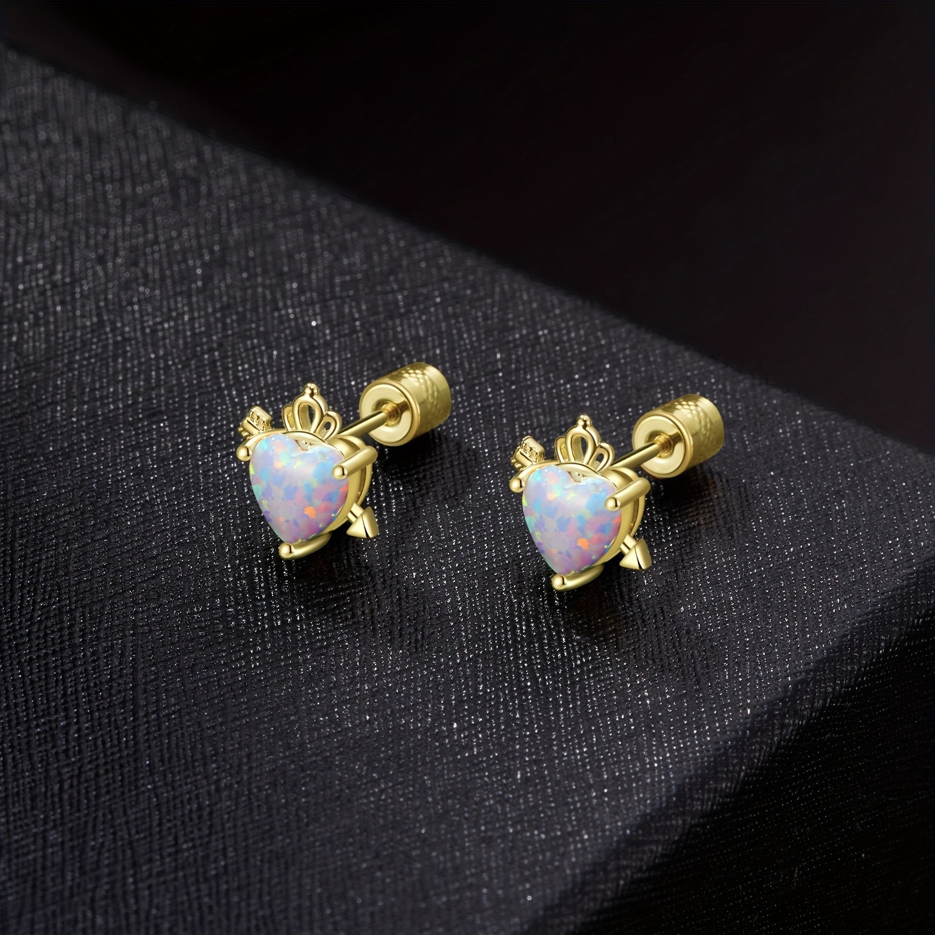 Heart Opal Crown Stud Earring Golden Mini Animal Earrings