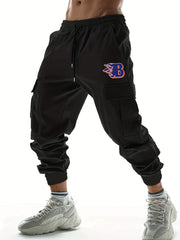 Men's B Letter Print Cargo Joggers, Spring/Fall Outdoor Pants