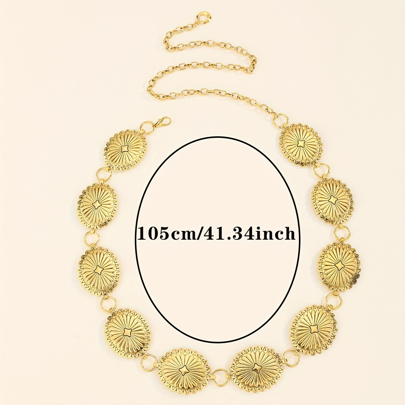 Boho Flower Embossed Waist Chain Oval Western Style Metal Belly Chain Belt