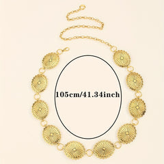 Boho Flower Embossed Waist Chain Oval Western Style Metal Belly Chain Belt