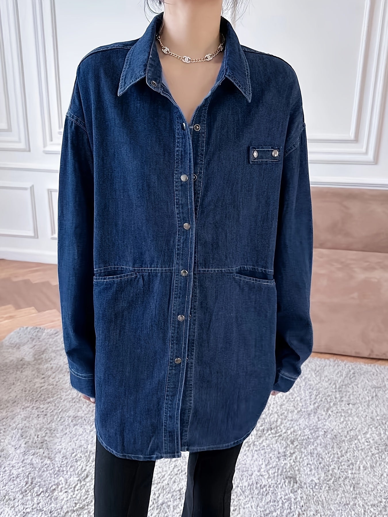 Denim Top Women's Long Sleeve Button Down Blouse With Pockets