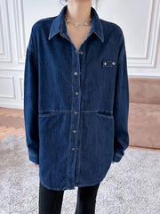 Denim Top Women's Long Sleeve Button Down Blouse With Pockets