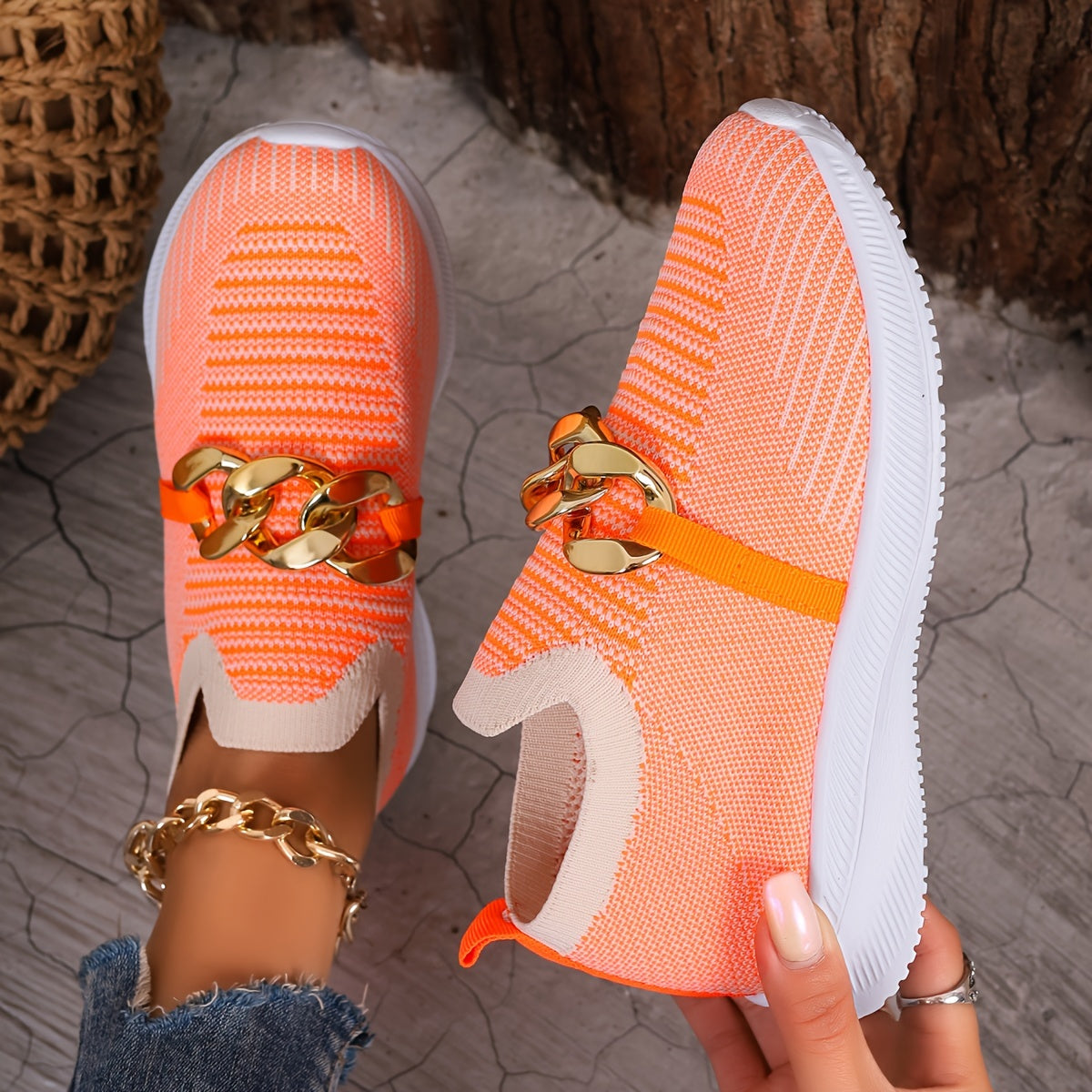 Chain Decor Flying Woven Walking Shoes