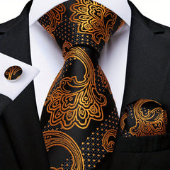 Men's Golden Striped Paisley Floral Necktie Set Silk Woven Business