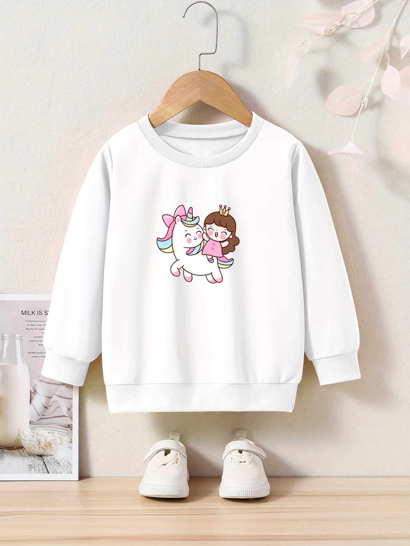 Anime Girl & Unicorn Print Pullover Sweatshirt for Girls